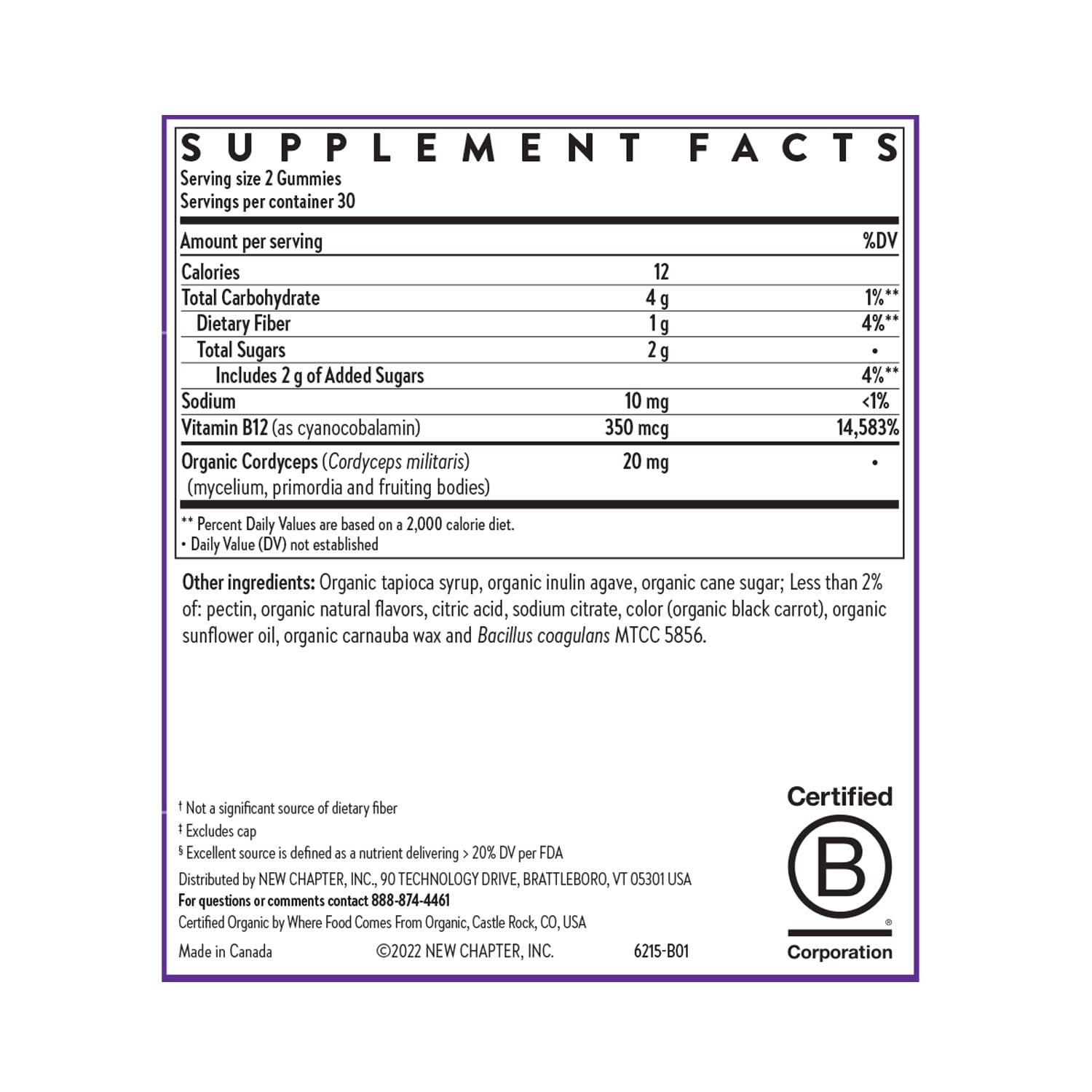 New Chapter® Organic Vitamin B12+ Gummies – 47% Less Sugar§, USDA Organic Vegan B12, Two Daily Gummies for Cellular Energy Support with Cordyceps, Non-GMO, Gluten Free, Raspberry Flavored, 60ct - Image 6